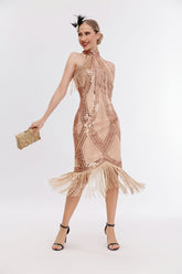 Emilia Sequin Tassel Halter Neck Evening Dress In Apricot